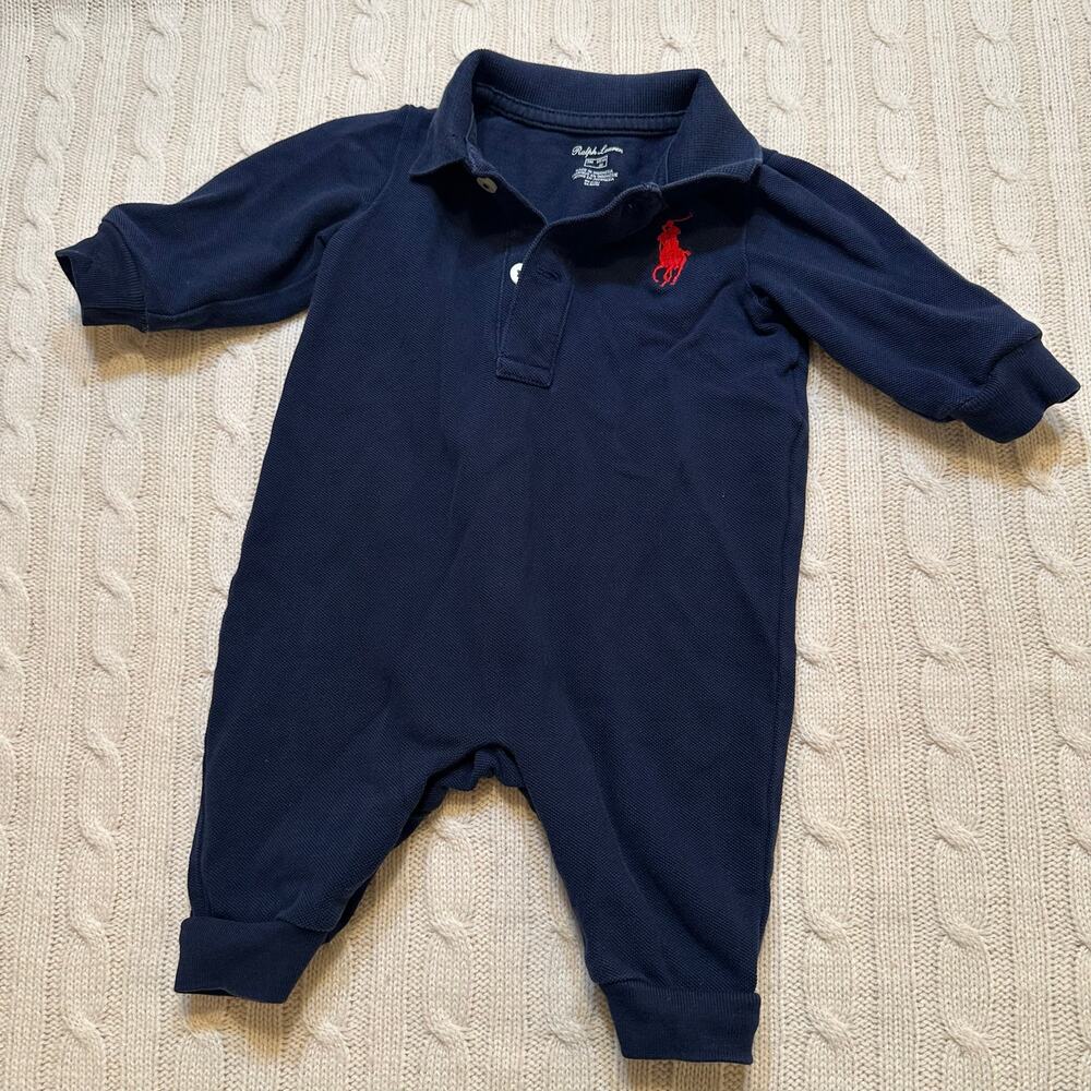 Ralph Lauren Baby Boys Big Pony Cotton Mesh Polo coveralls sz 3m Navy Blue - Picture 2 of 8